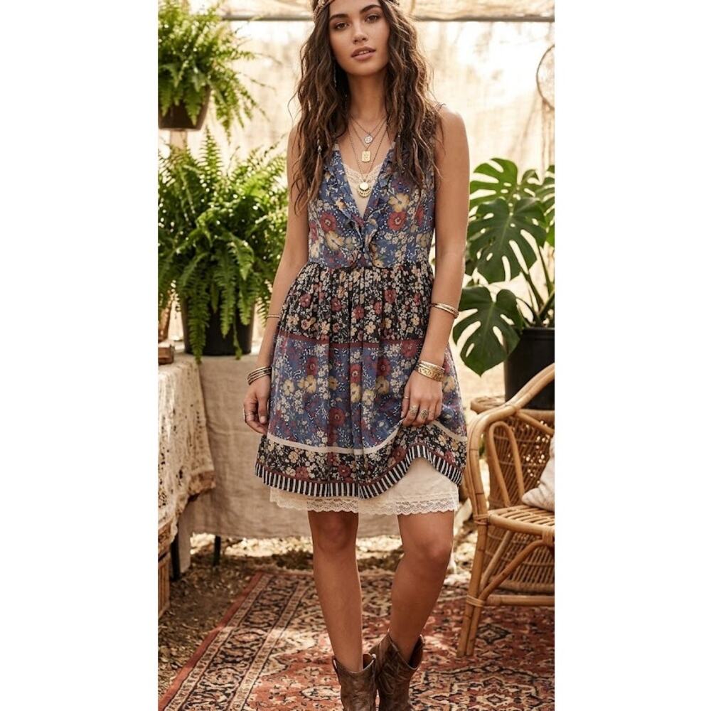 Hinge Blue Silk Floral Sleeveless Ruffled Dress Womens S Cottage Core Fairy